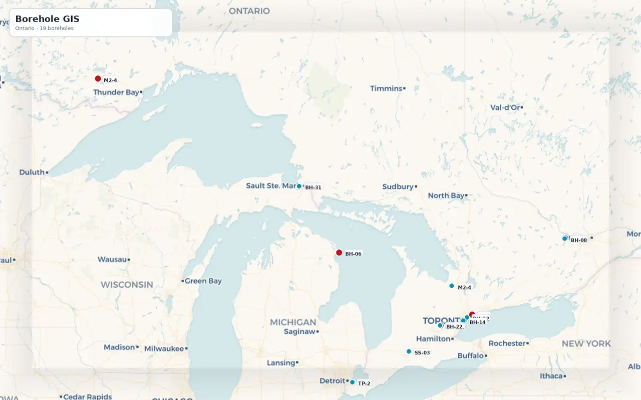 Ontario NobeLeap GIS map with geolocated borehole markers